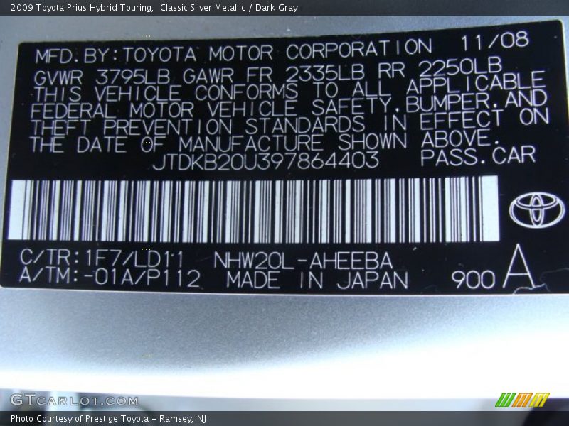 2009 Prius Hybrid Touring Classic Silver Metallic Color Code 1F7