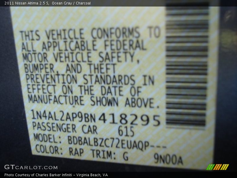 2011 Altima 2.5 S Ocean Gray Color Code RAP