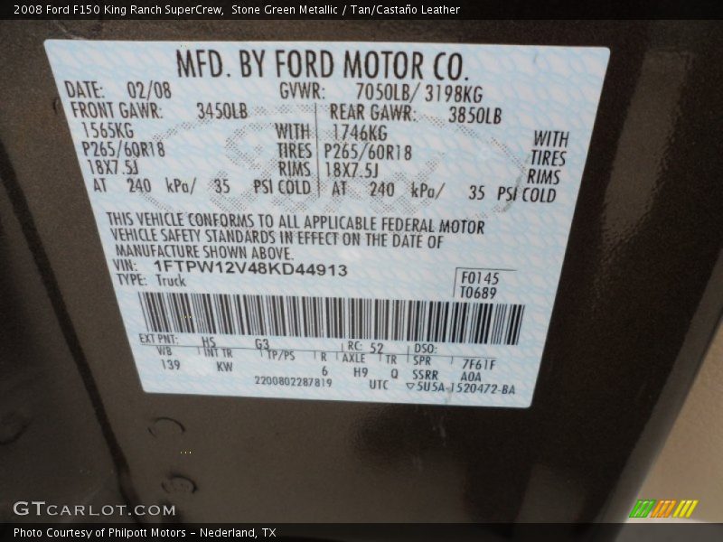 2008 F150 King Ranch SuperCrew Stone Green Metallic Color Code HS