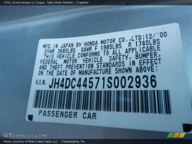 Satin Silver Metallic / Graphite 2001 Acura Integra LS Coupe