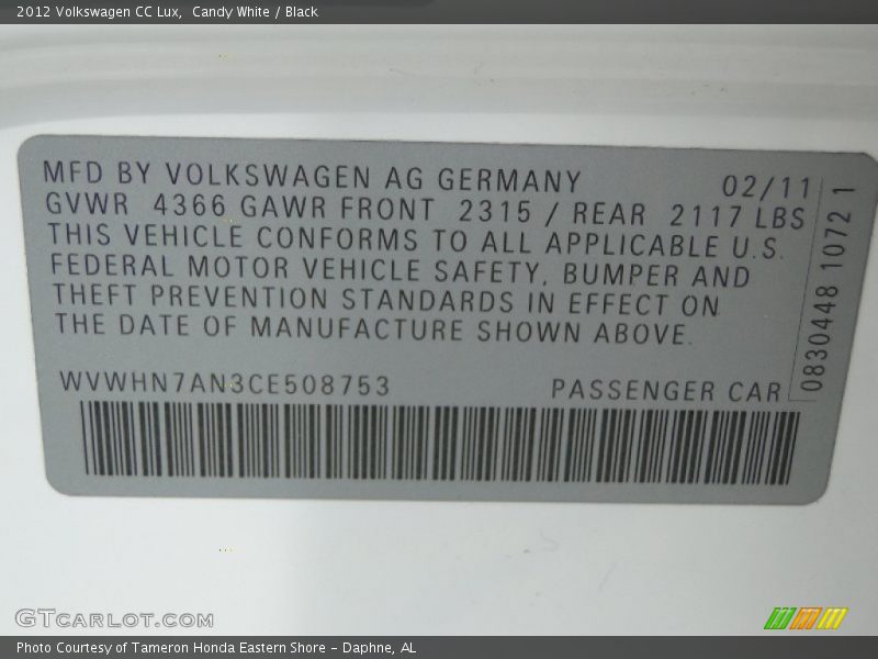 Candy White / Black 2012 Volkswagen CC Lux