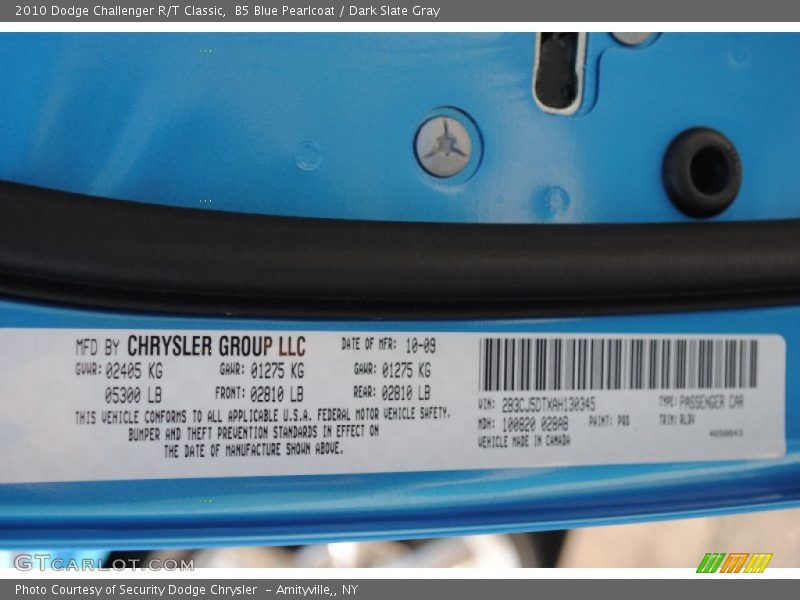 2010 Challenger R/T Classic B5 Blue Pearlcoat Color Code PQD