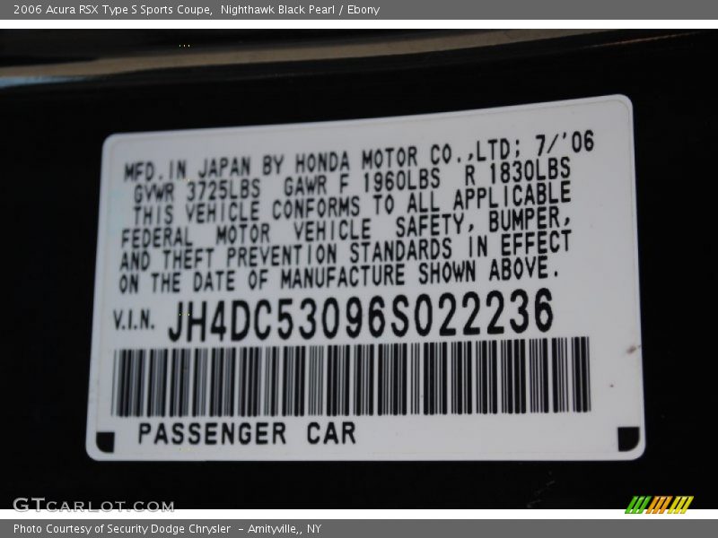 Info Tag of 2006 RSX Type S Sports Coupe