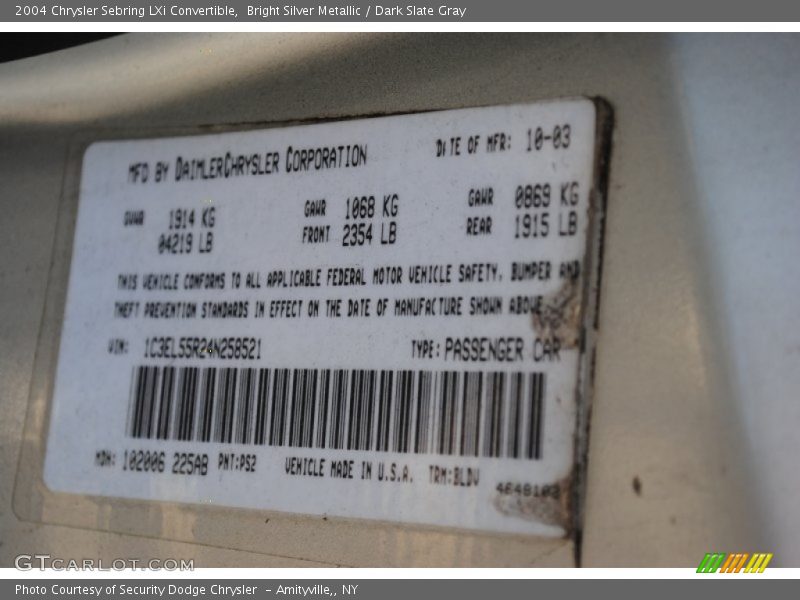 2004 Sebring LXi Convertible Bright Silver Metallic Color Code PS2