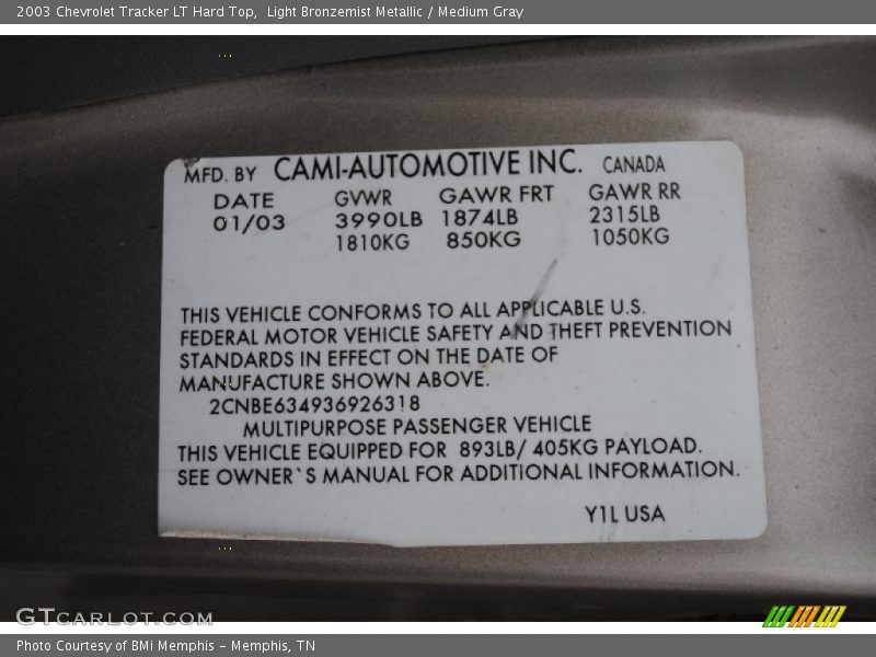 Info Tag of 2003 Tracker LT Hard Top