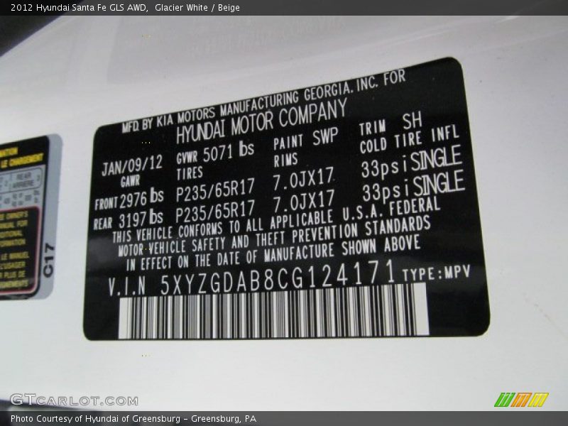 Glacier White / Beige 2012 Hyundai Santa Fe GLS AWD