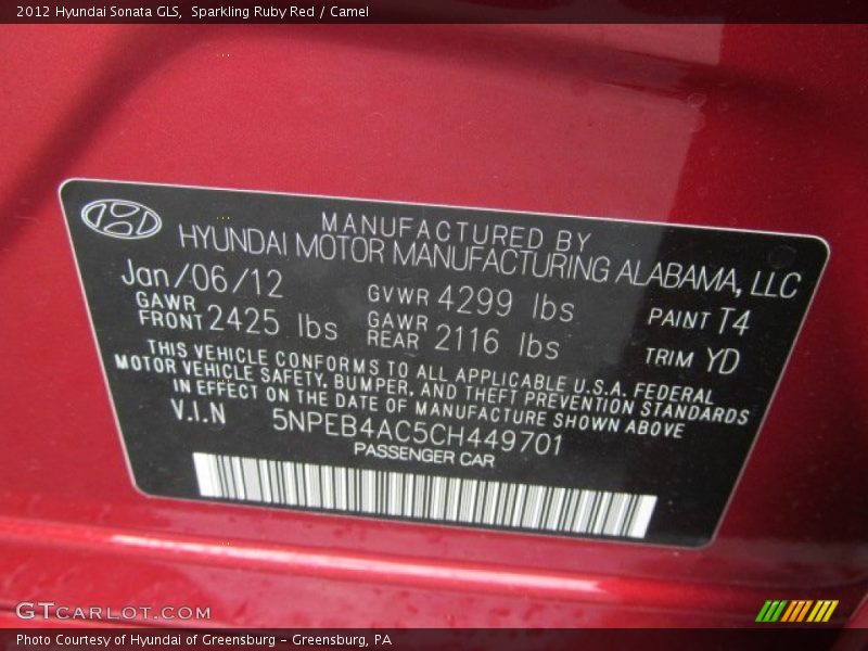 Sparkling Ruby Red / Camel 2012 Hyundai Sonata GLS