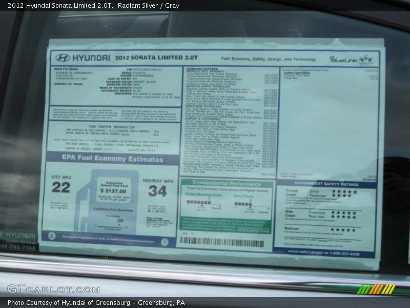 Radiant Silver / Gray 2012 Hyundai Sonata Limited 2.0T