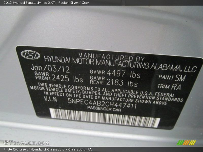 Radiant Silver / Gray 2012 Hyundai Sonata Limited 2.0T