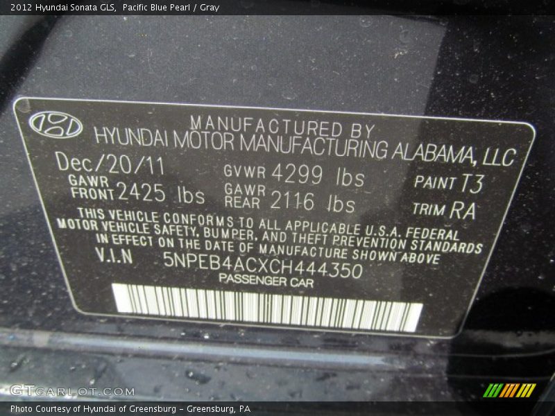 Pacific Blue Pearl / Gray 2012 Hyundai Sonata GLS