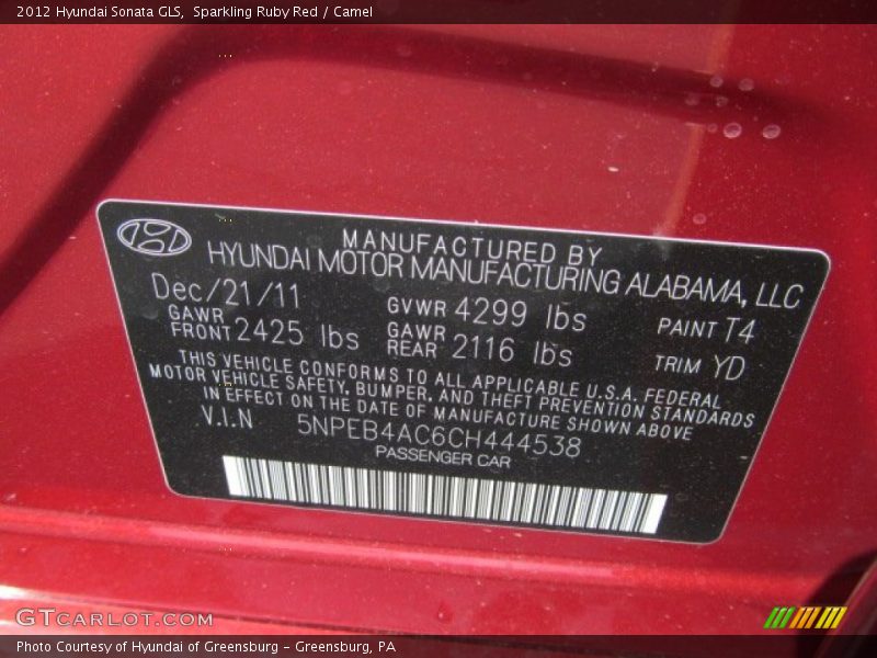 Sparkling Ruby Red / Camel 2012 Hyundai Sonata GLS