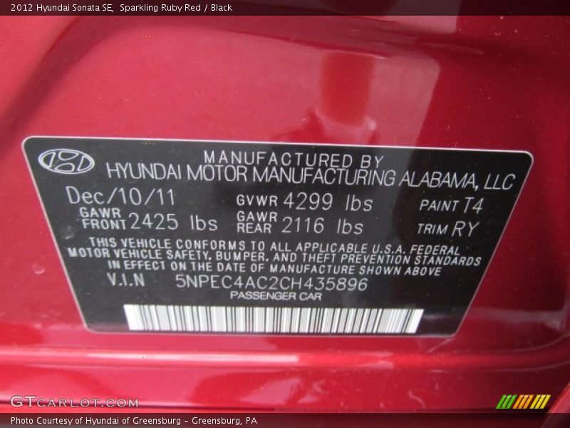 Sparkling Ruby Red / Black 2012 Hyundai Sonata SE
