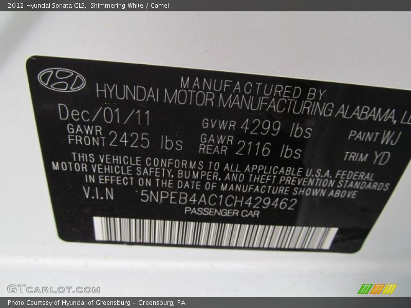 Shimmering White / Camel 2012 Hyundai Sonata GLS