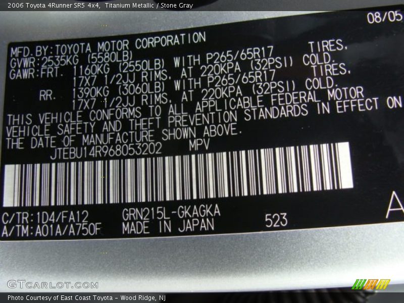 2006 4Runner SR5 4x4 Titanium Metallic Color Code 1D4