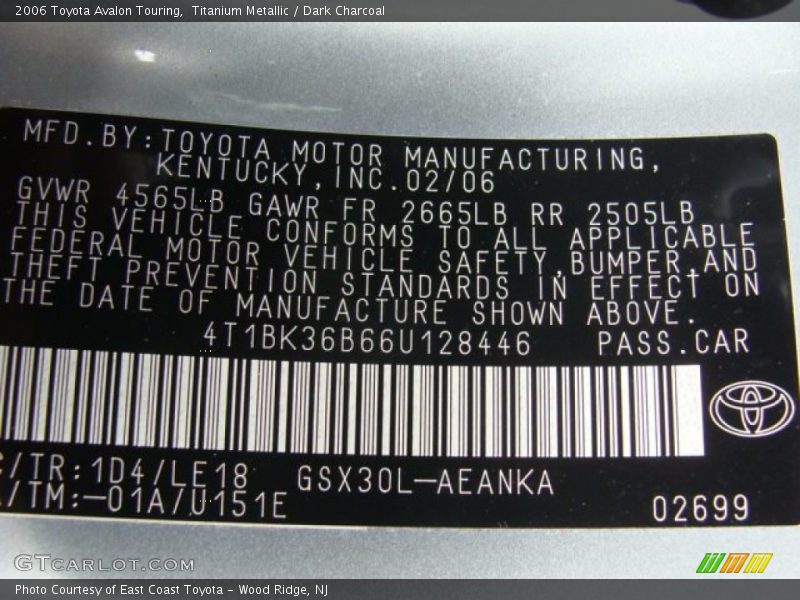 2006 Avalon Touring Titanium Metallic Color Code 1D4