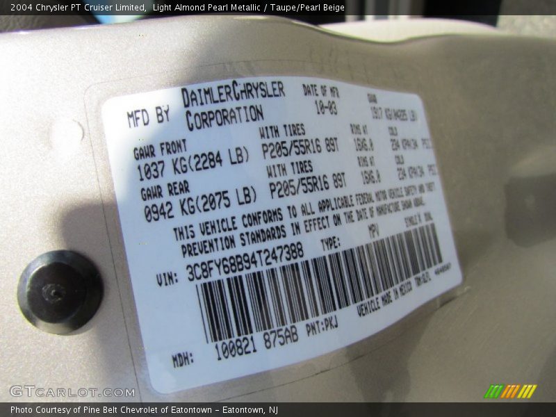 2004 PT Cruiser Limited Light Almond Pearl Metallic Color Code PKJ