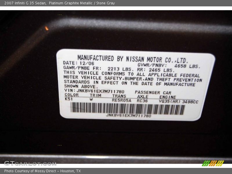 Platinum Graphite Metallic / Stone Gray 2007 Infiniti G 35 Sedan