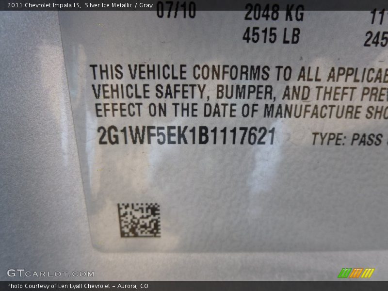 Silver Ice Metallic / Gray 2011 Chevrolet Impala LS