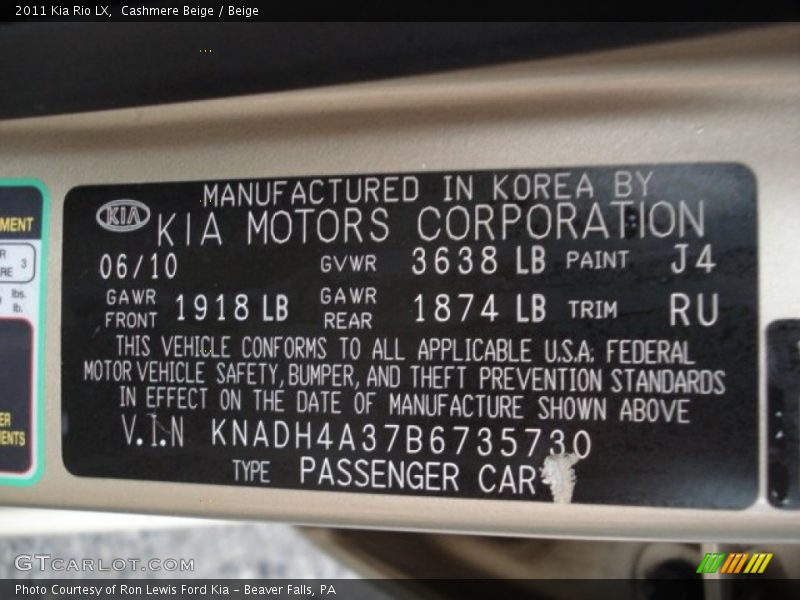 Cashmere Beige / Beige 2011 Kia Rio LX