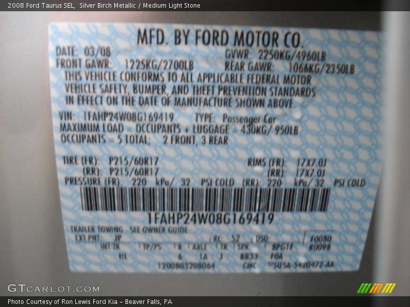 2008 Taurus SEL Silver Birch Metallic Color Code JP