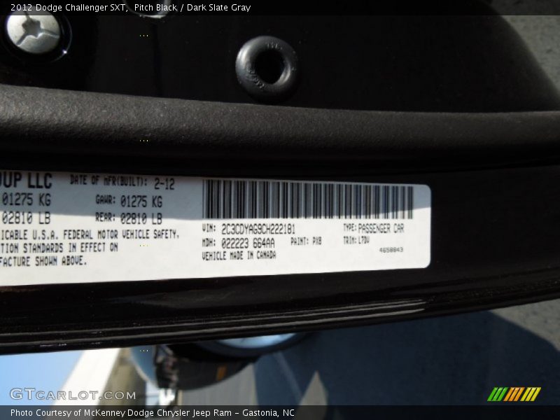Pitch Black / Dark Slate Gray 2012 Dodge Challenger SXT