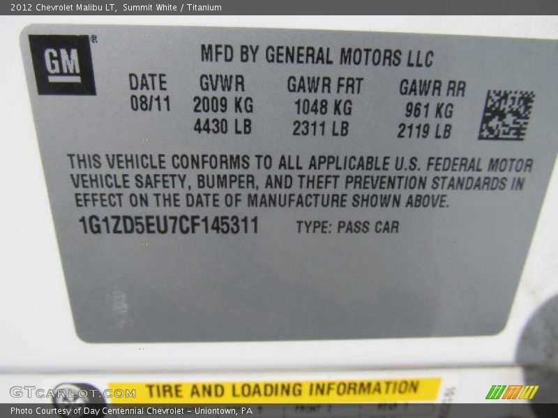 Summit White / Titanium 2012 Chevrolet Malibu LT