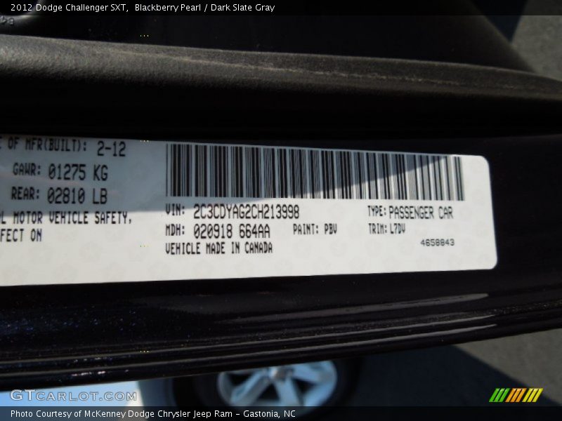 2012 Challenger SXT Blackberry Pearl Color Code PBV