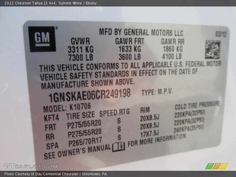 Summit White / Ebony 2012 Chevrolet Tahoe LS 4x4