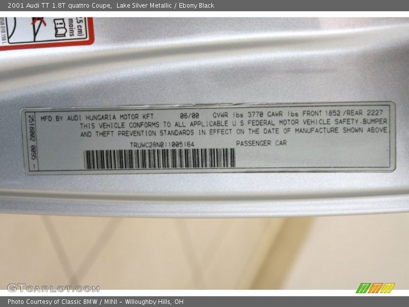 Info Tag of 2001 TT 1.8T quattro Coupe