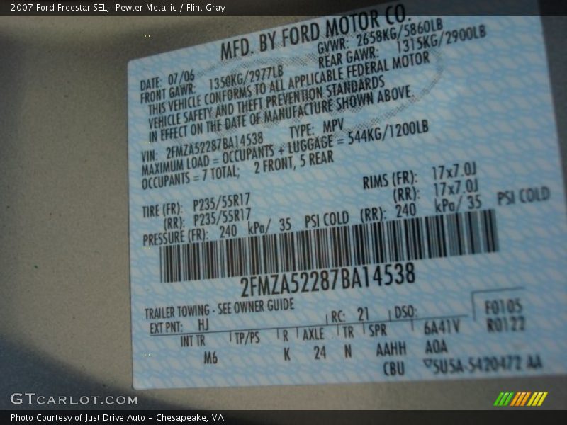 2007 Freestar SEL Pewter Metallic Color Code HJ