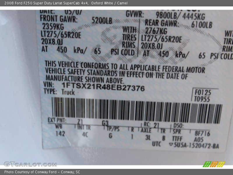 2008 F250 Super Duty Lariat SuperCab 4x4 Oxford White Color Code Z1
