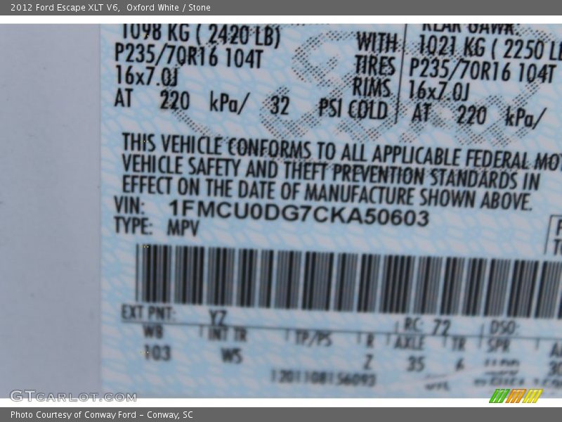2012 Escape XLT V6 Oxford White Color Code YZ
