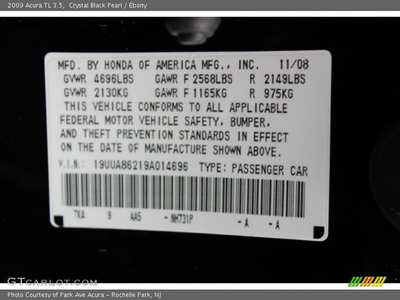 Crystal Black Pearl / Ebony 2009 Acura TL 3.5