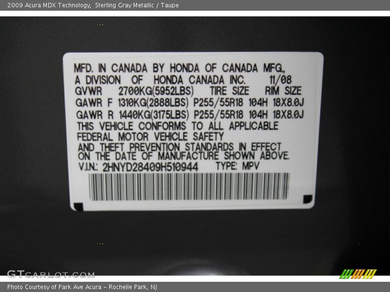 Sterling Gray Metallic / Taupe 2009 Acura MDX Technology