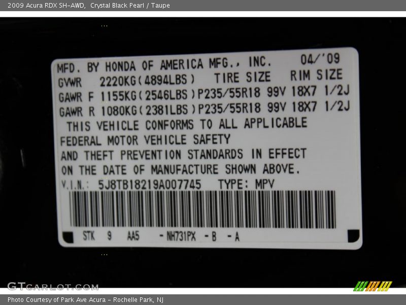 2009 RDX SH-AWD Crystal Black Pearl Color Code NH731PX
