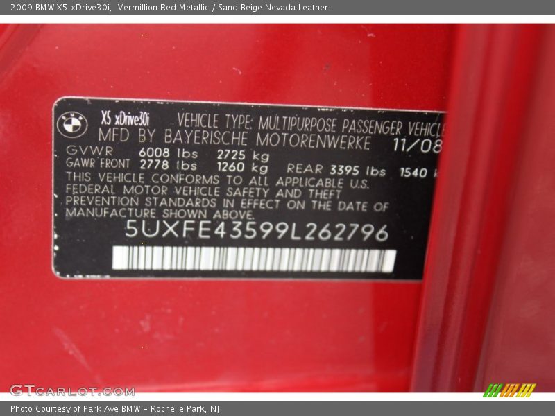 Vermillion Red Metallic / Sand Beige Nevada Leather 2009 BMW X5 xDrive30i