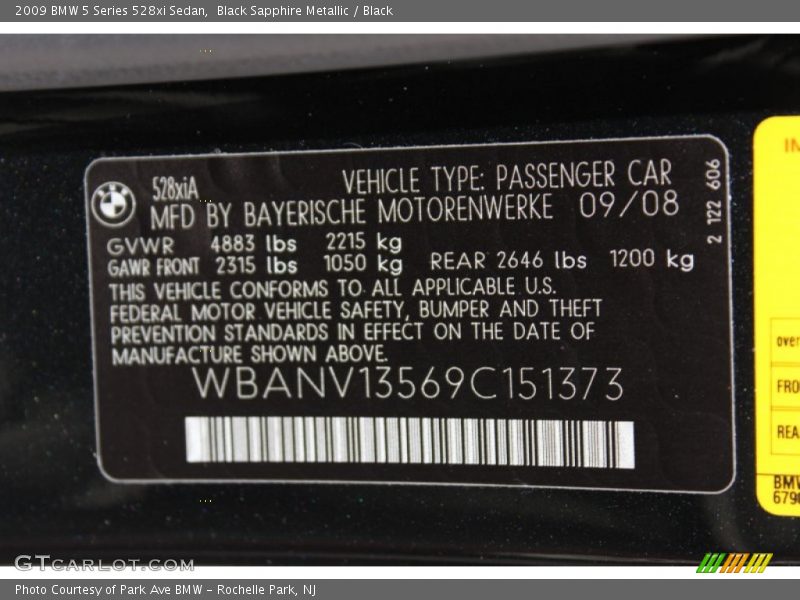 Black Sapphire Metallic / Black 2009 BMW 5 Series 528xi Sedan