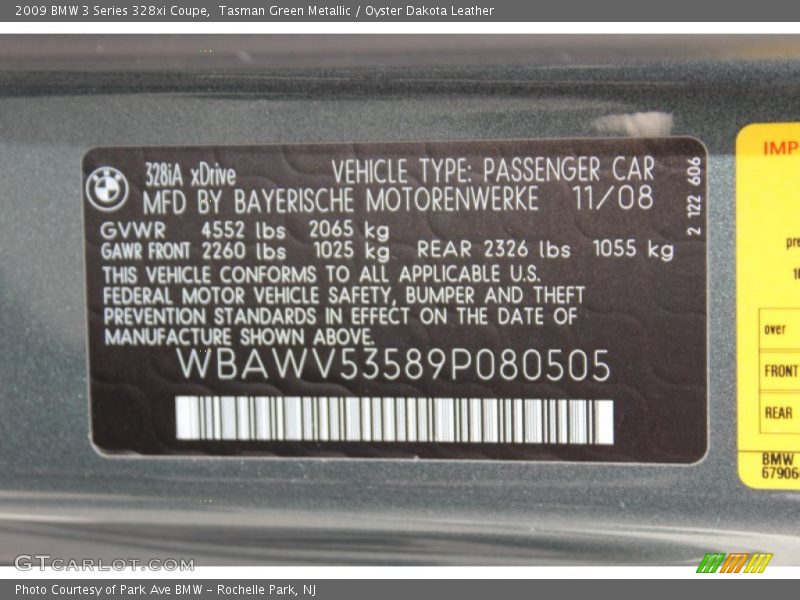 Tasman Green Metallic / Oyster Dakota Leather 2009 BMW 3 Series 328xi Coupe