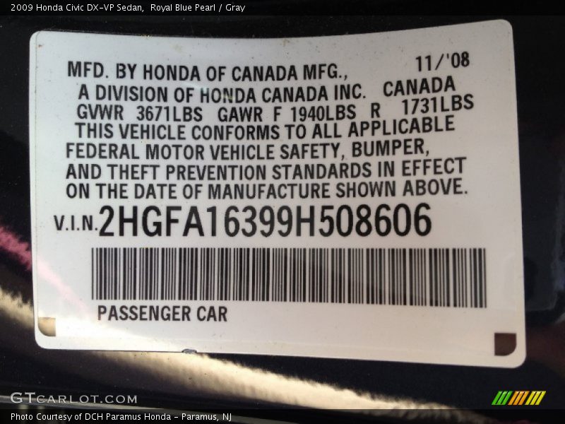 Royal Blue Pearl / Gray 2009 Honda Civic DX-VP Sedan
