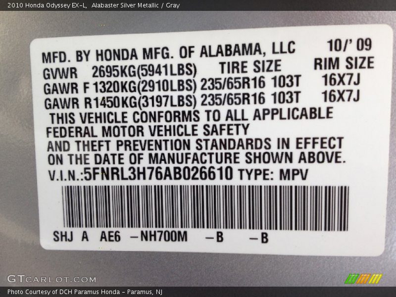 Alabaster Silver Metallic / Gray 2010 Honda Odyssey EX-L
