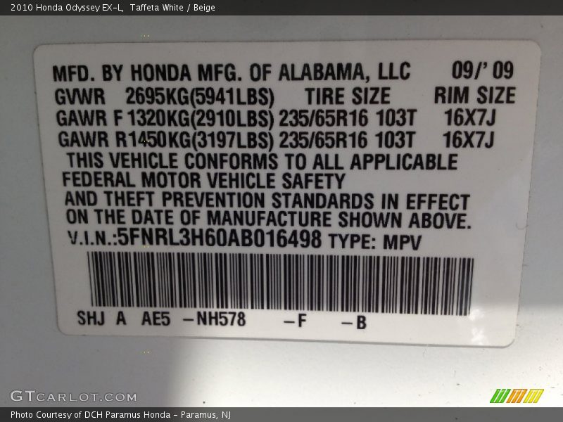 2010 Odyssey EX-L Taffeta White Color Code NH578