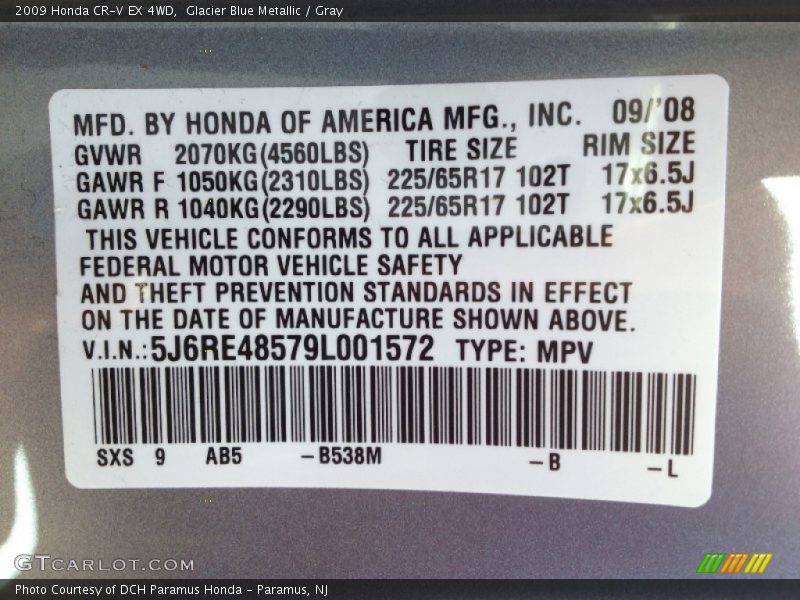 2009 CR-V EX 4WD Glacier Blue Metallic Color Code B538M