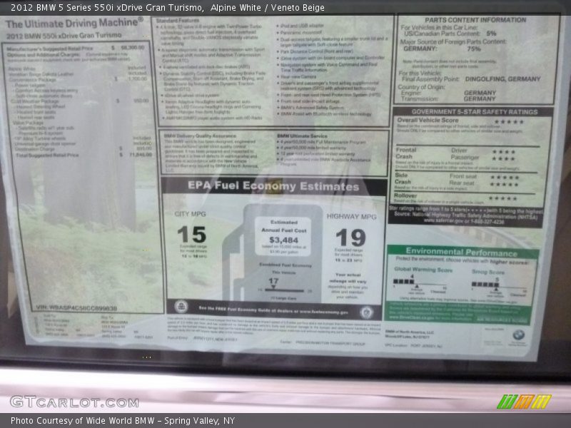  2012 5 Series 550i xDrive Gran Turismo Window Sticker