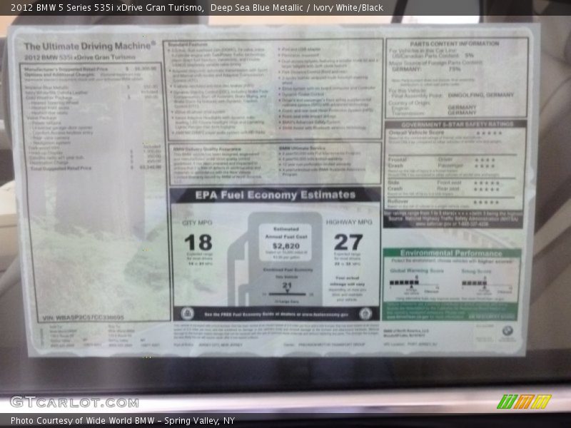Deep Sea Blue Metallic / Ivory White/Black 2012 BMW 5 Series 535i xDrive Gran Turismo