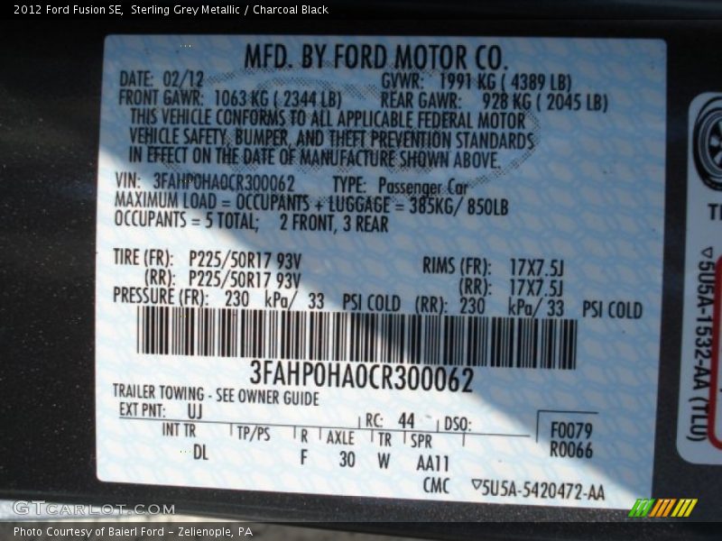 Sterling Grey Metallic / Charcoal Black 2012 Ford Fusion SE