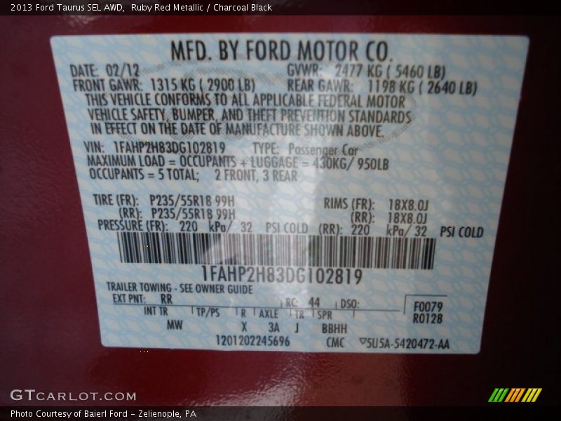 2013 Taurus SEL AWD Ruby Red Metallic Color Code RR