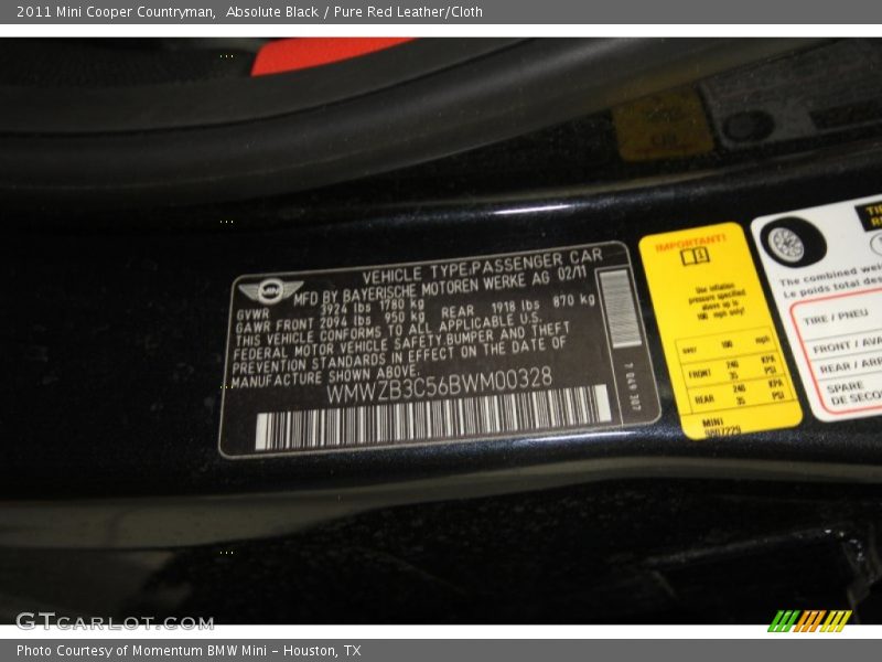 Absolute Black / Pure Red Leather/Cloth 2011 Mini Cooper Countryman