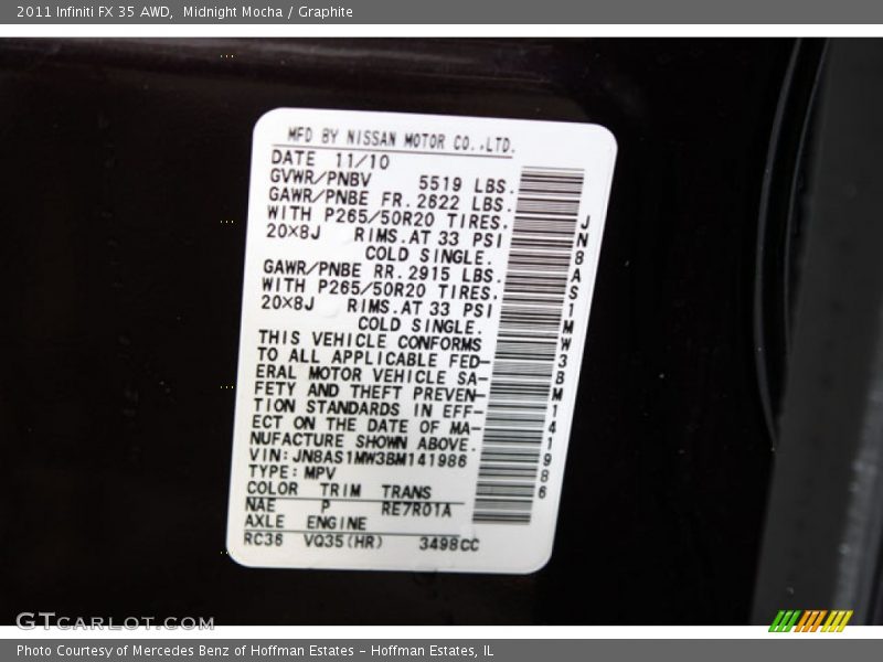 Midnight Mocha / Graphite 2011 Infiniti FX 35 AWD