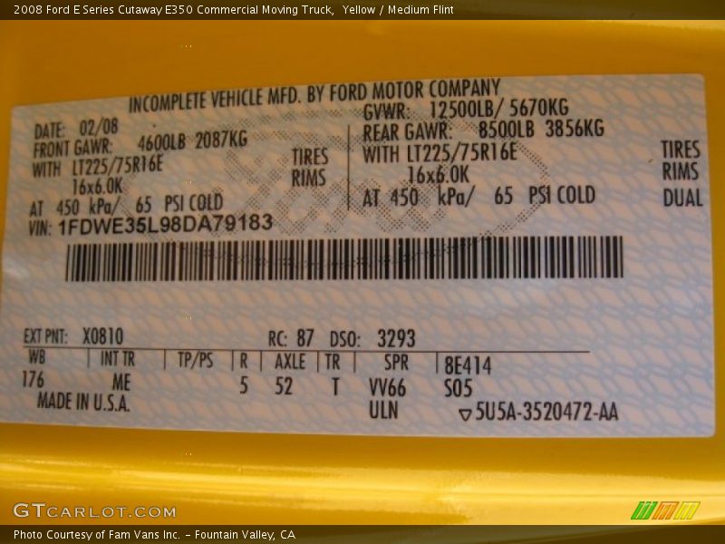 2008 E Series Cutaway E350 Commercial Moving Truck Yellow Color Code X0810