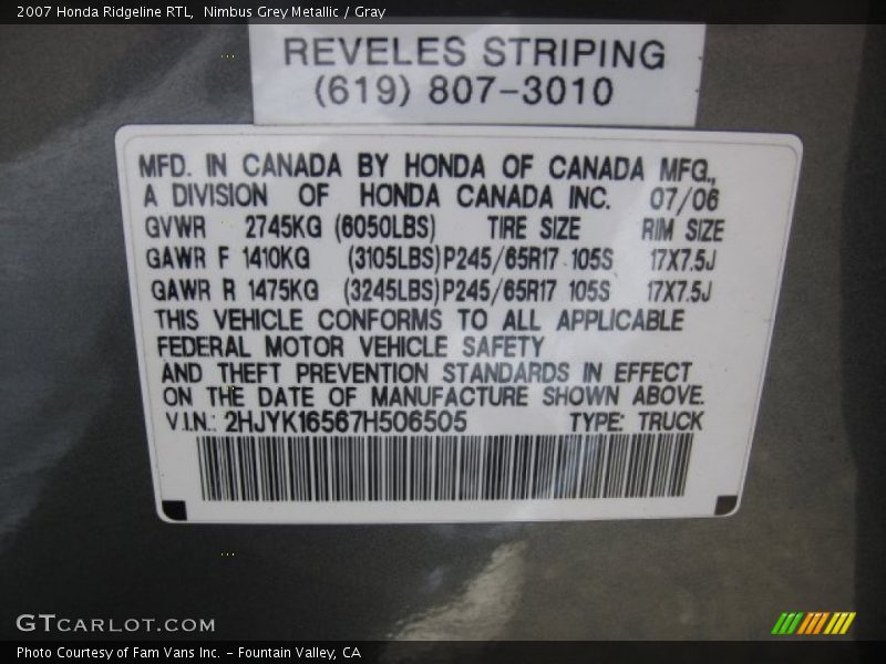 Nimbus Grey Metallic / Gray 2007 Honda Ridgeline RTL